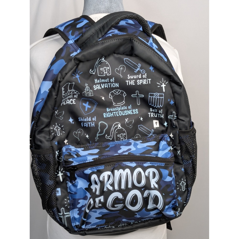 Armor of God Backpack Christian Faith Blue Camo School Church Bag 17x13 NWOT